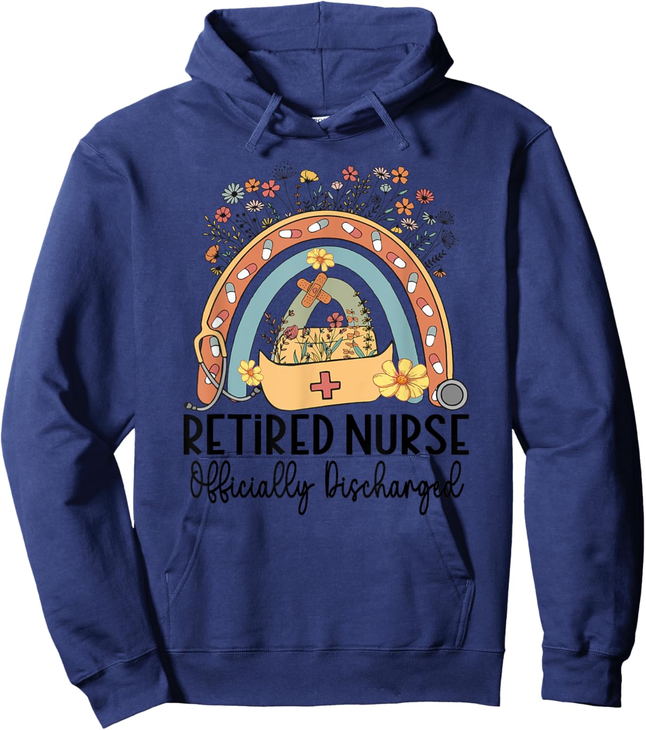 Retired Nurse Retirement Officially Discharged Rainbow Nurse Hoodie - Hoodie | Navy