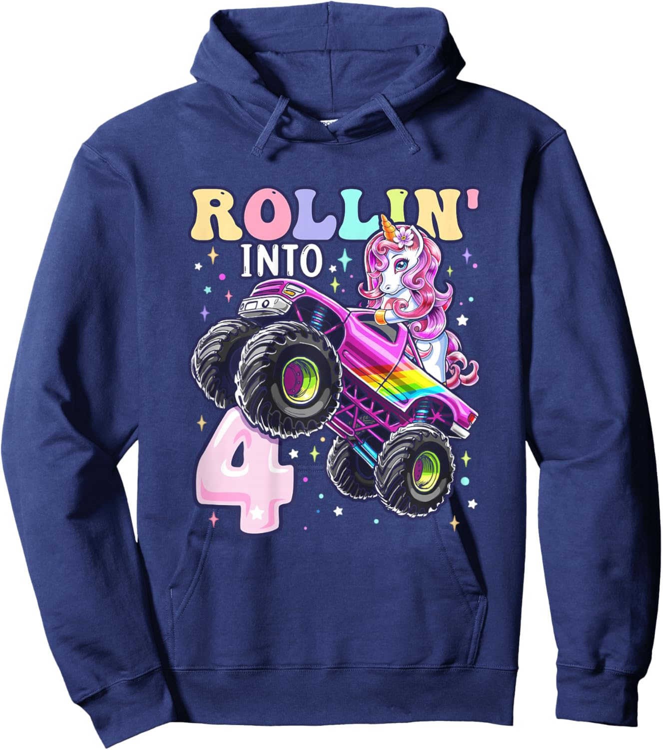 Unicorn Monster Truck 4th Birthday 4 Year Old Girls Party Hoodie - Hoodie | Navy