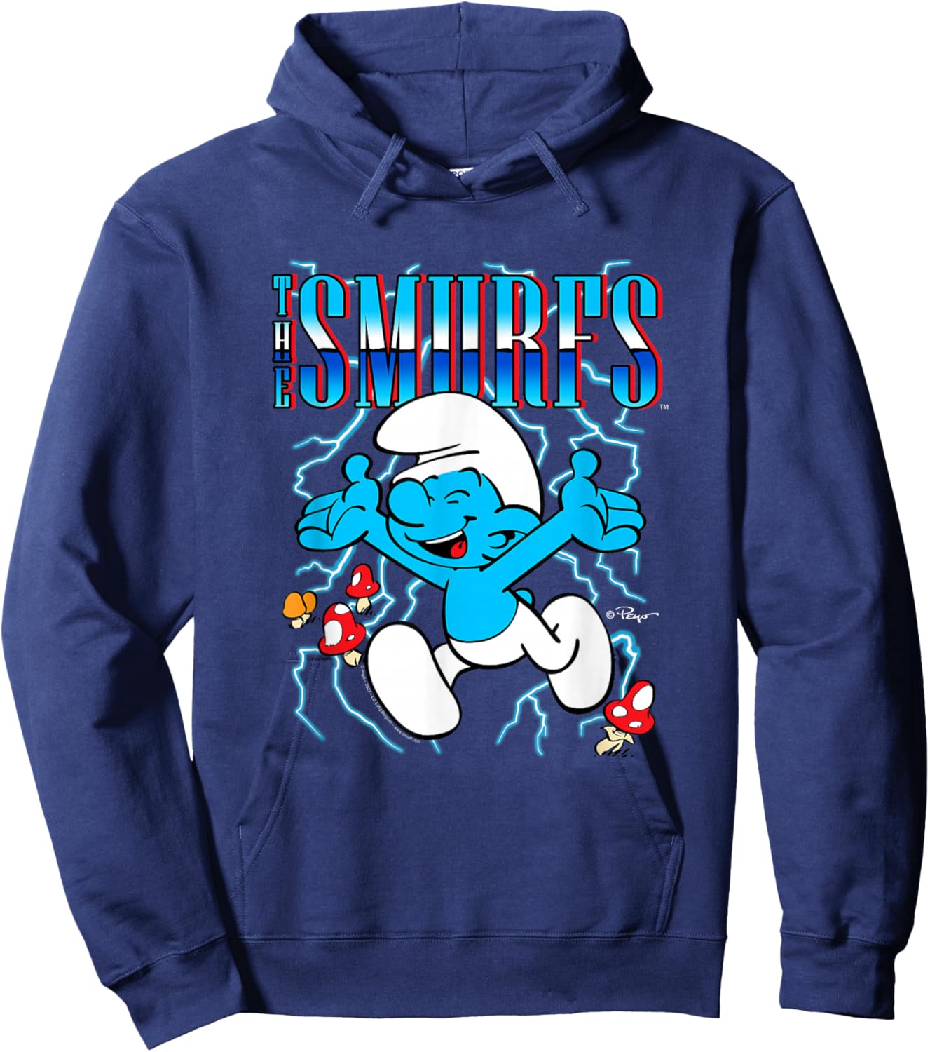 The Smurfs Chrome Logo & Mushrooms Retro Cartoon Hoodie - Hoodie | Navy