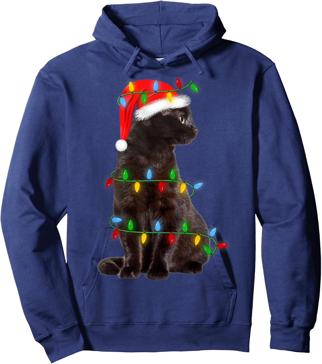 Black-Cat Christmas Tree Lights Funny Santa Kitten Led Light Hoodie - Hoodie | Navy