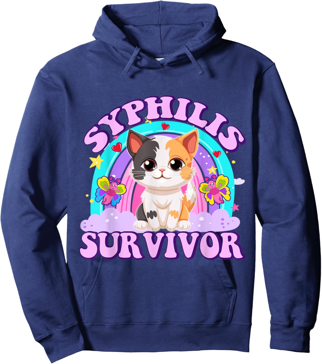 Syphilis Survivor Funny Cat Sarcastic Y2K Inappropriate Meme Hoodie - Hoodie | Navy