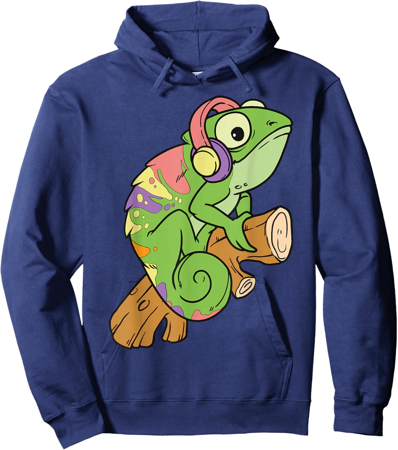 Cartoon Chameleon With Headphones Fun Illustration Hoodie - Hoodie | Navy