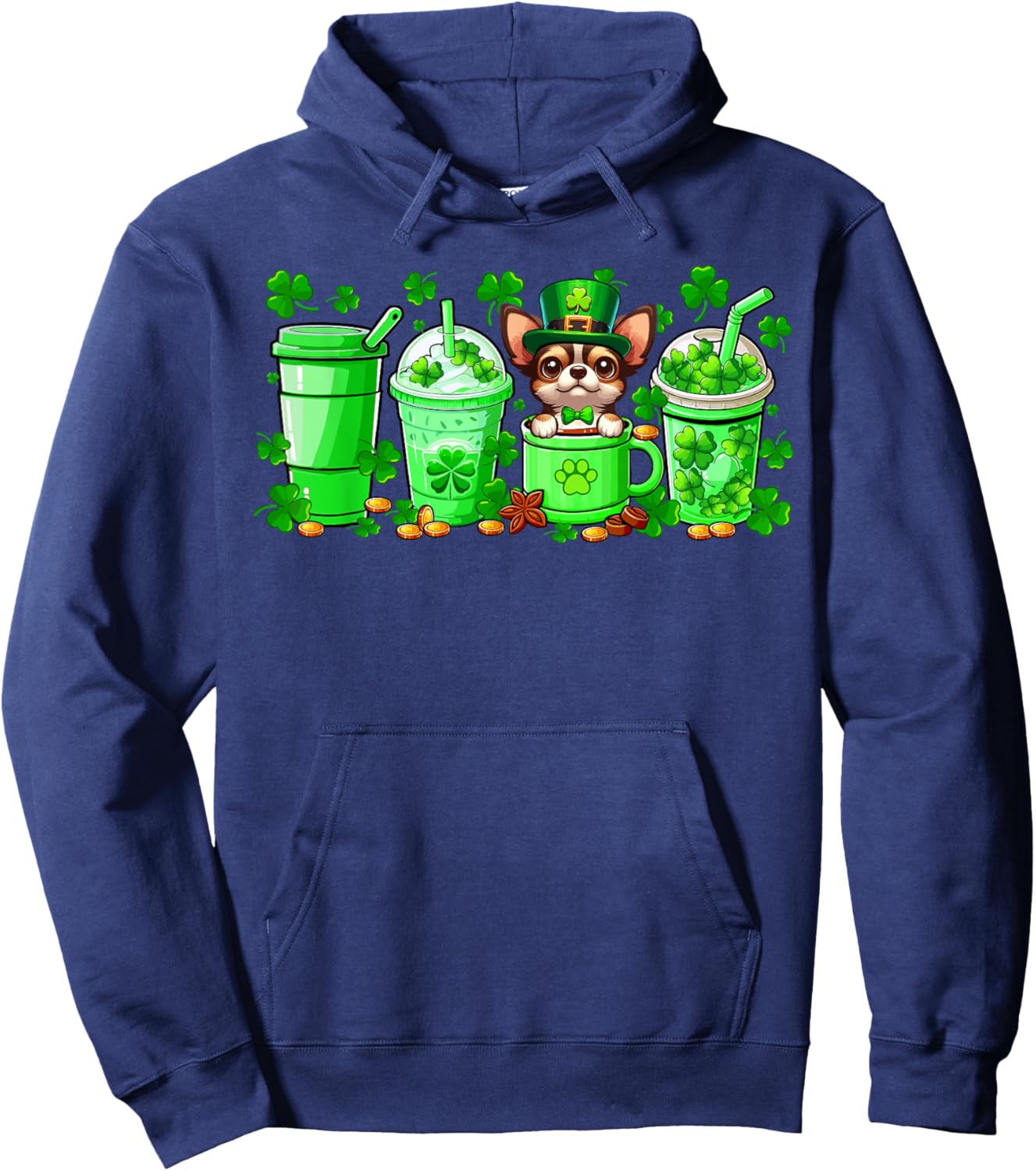 Chihuahua Inside Cup Coffees St. Patrick's Day Shamrocks Hoodie - Hoodie | Navy