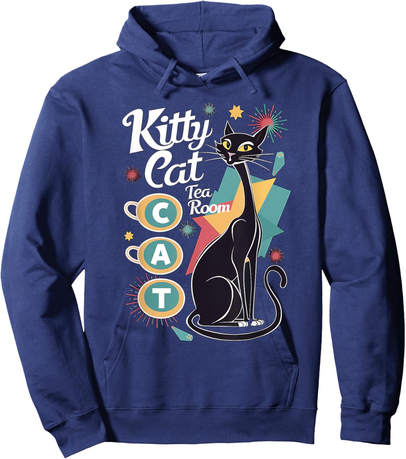 Retro Mid-Century Modern Kitty Cat Tea Room Design Women Hoodie - Hoodie | Navy
