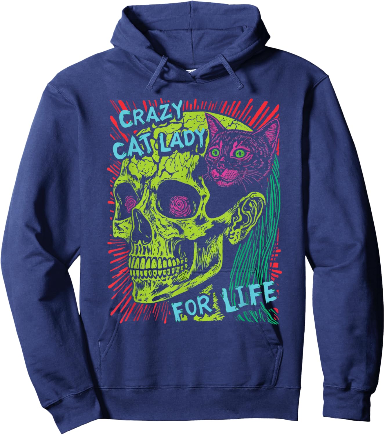 Crazy Cat Lady For Life Goth Punk Grunge Cat With Skull Hoodie - Hoodie | Navy