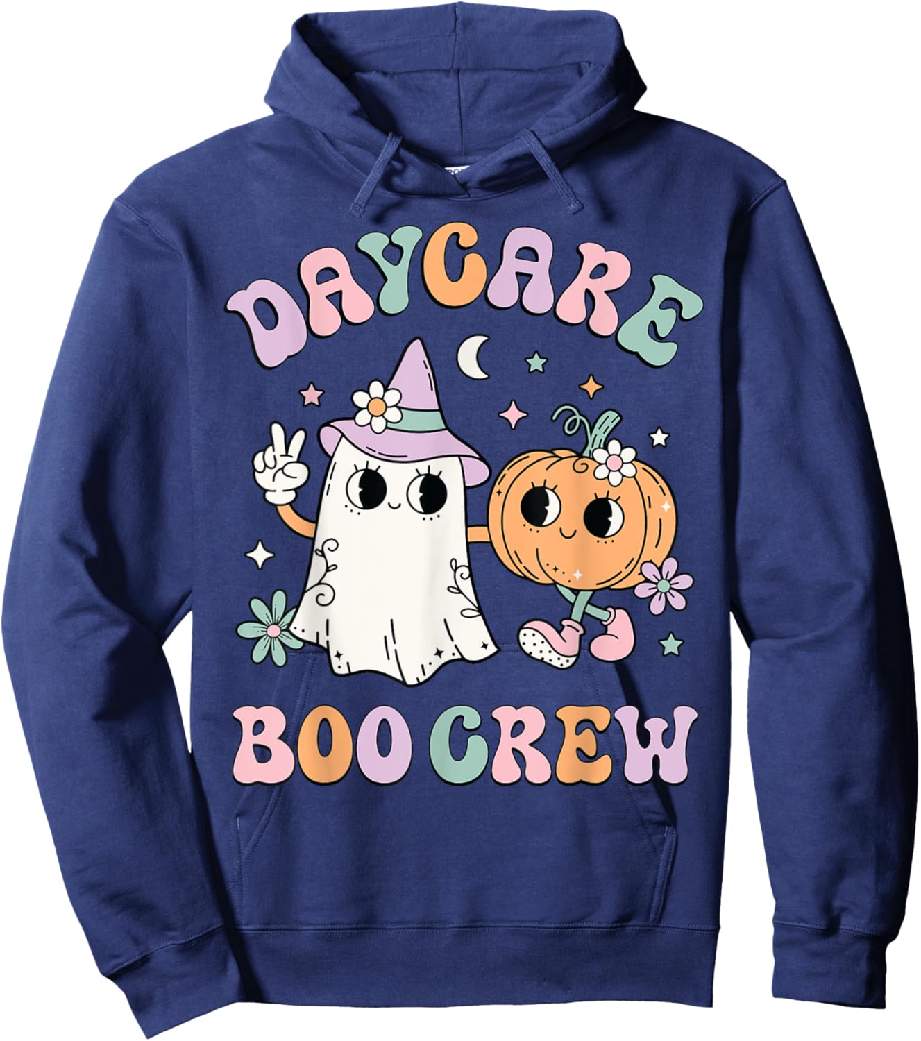 Daycare Boo Crew Groovy Halloween Floral Ghost Kid Teacher Hoodie - Hoodie | Navy