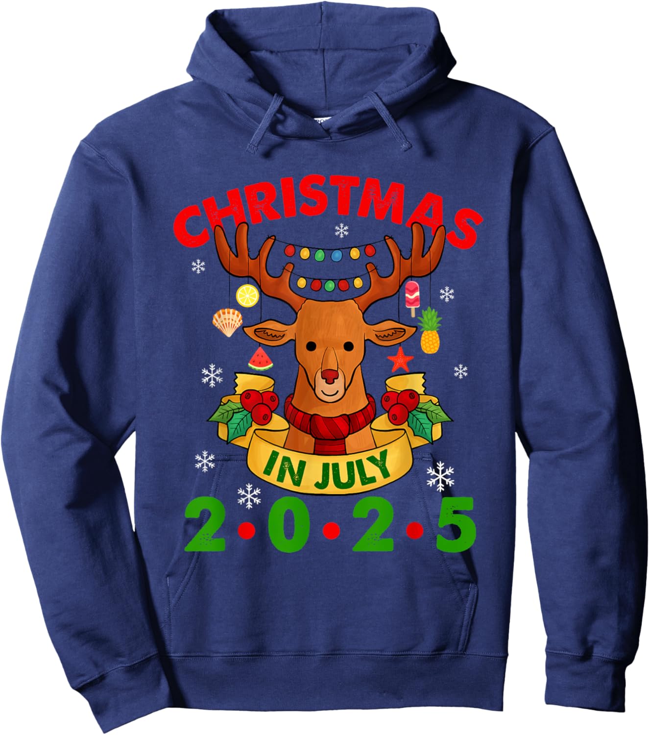 Christmas In July 2025 Reindeer Xmas Lights Summer Men Women Girls Kids Hoodie - Hoodie | Navy