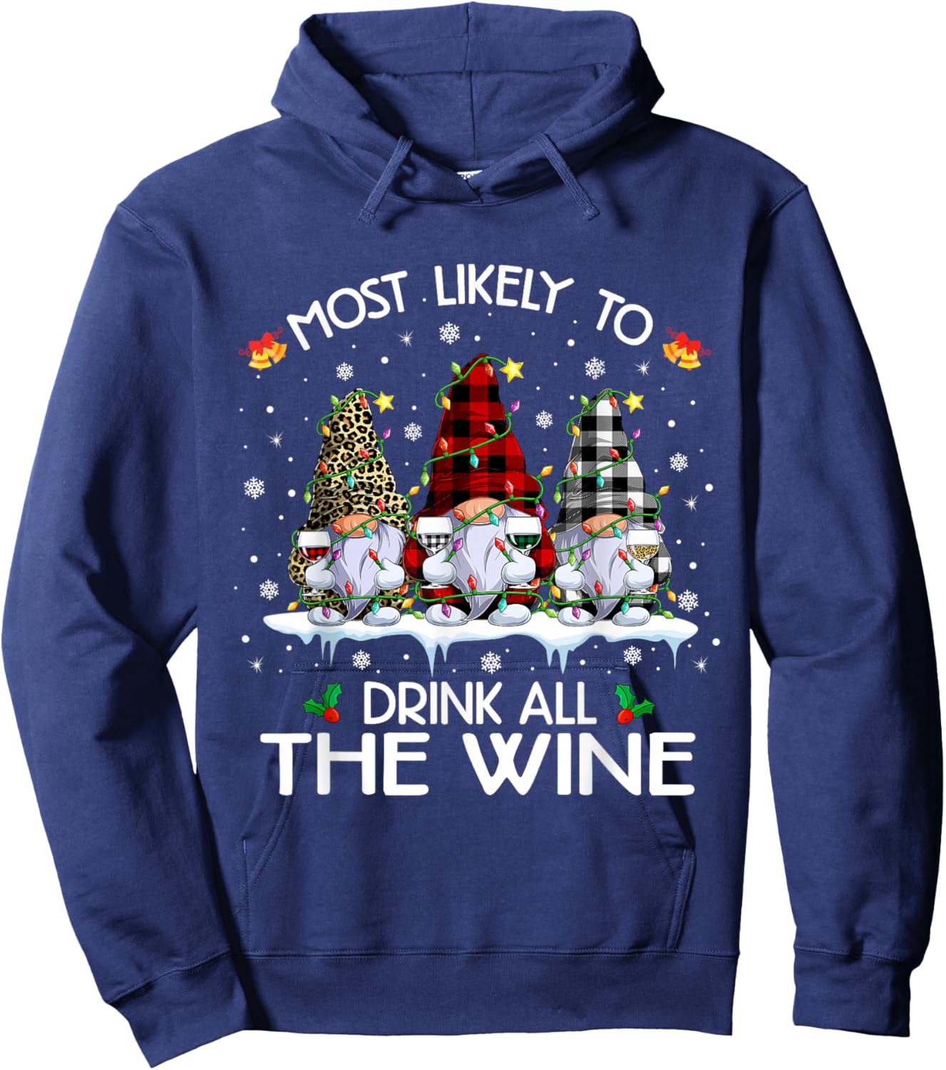 Buffalo Plaid Gnome Most Likely-To Drink All The Wine Xmas Hoodie - Hoodie | Navy