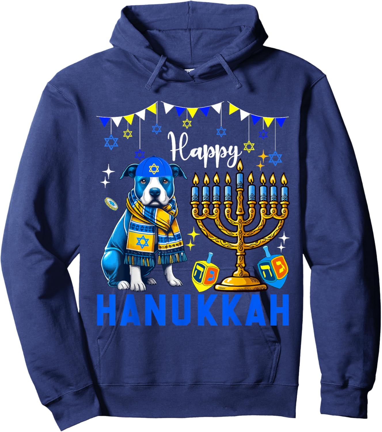 Happy Hanukkah Pit Bull Menorah Dreidel Dog Owner Lover Hoodie - Hoodie | Navy