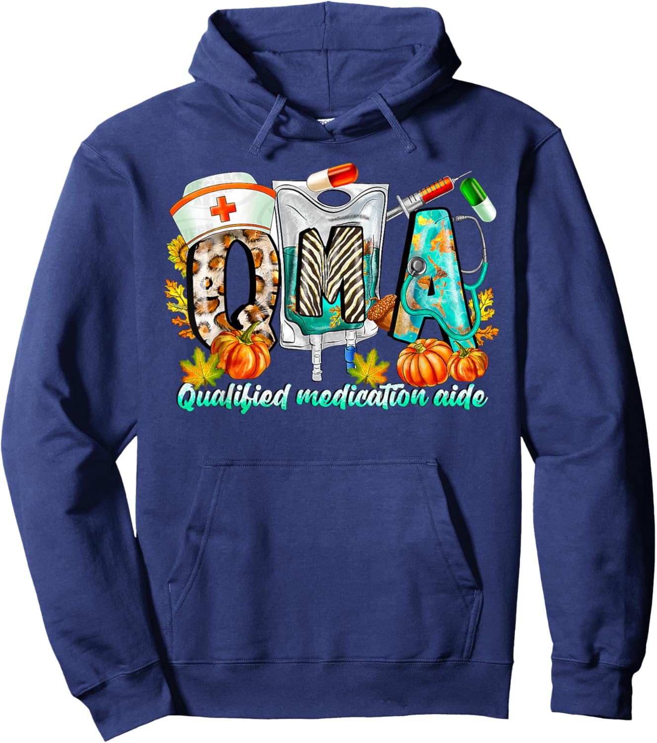 QMA Qualified Medical Aide Fall Autumn Leaves Thanksgiving Hoodie - Hoodie | Navy