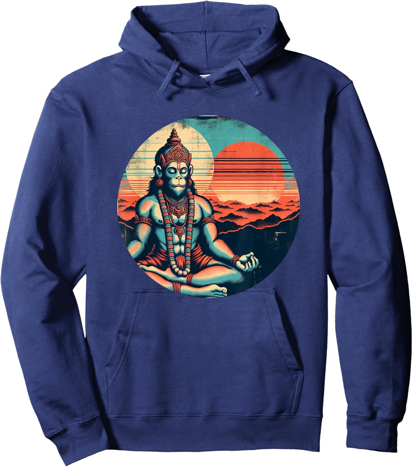 Meditating Hanuman Vintage Sunset Empowering Yoga Meditation Hoodie - Hoodie | Navy