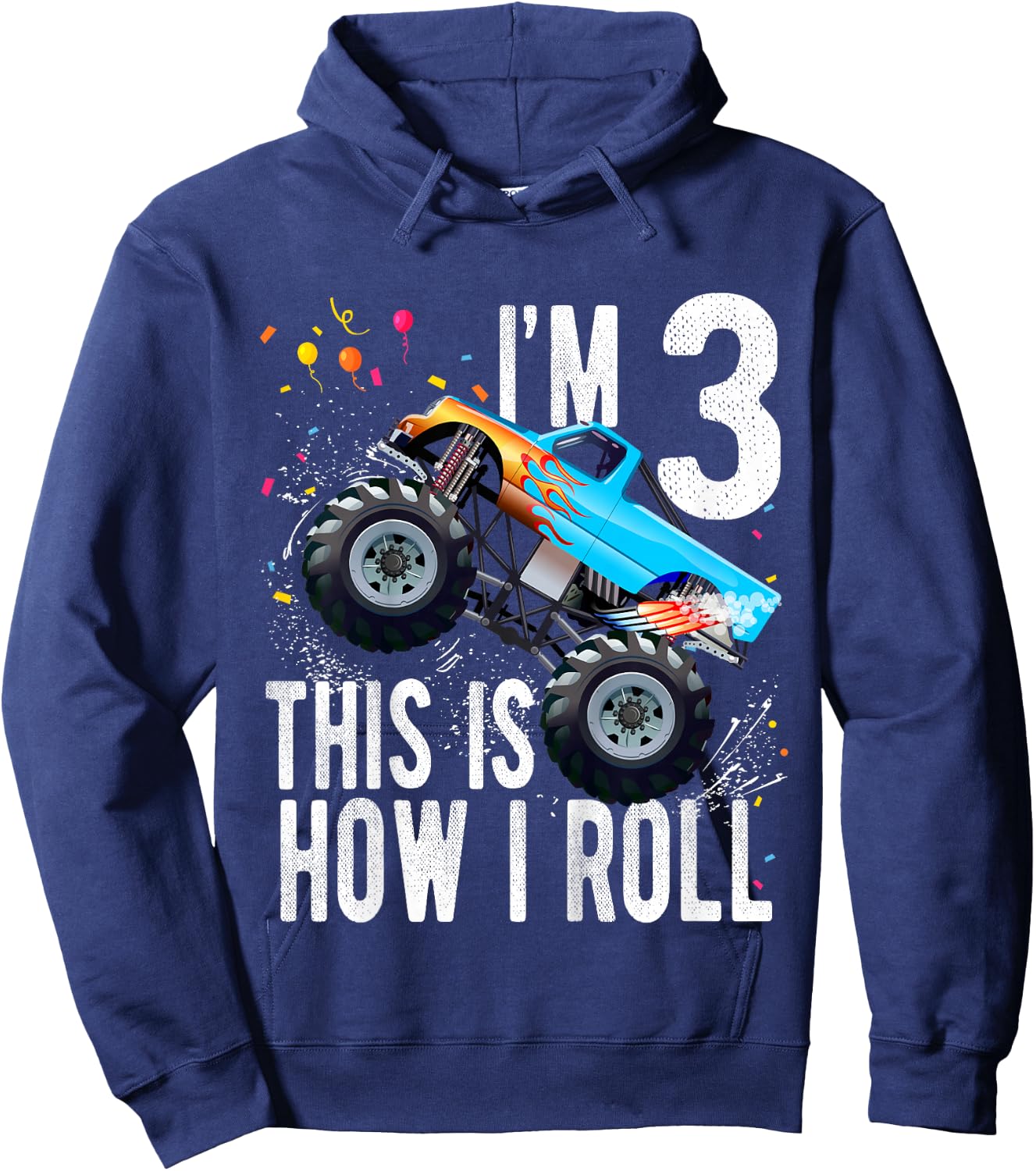 Kids 3 Year Old Shirt 3rd Birthday Boy Monster Truck Car Hoodie - Hoodie | Navy