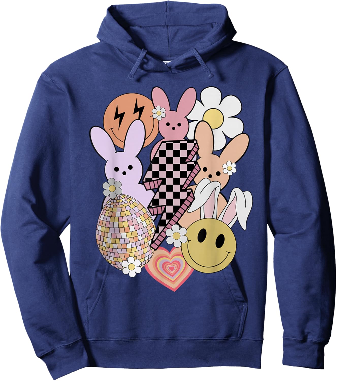 Retro Groovy Easter Vibes Smile Face Rabbit Bunny Women Girl Hoodie - Hoodie | Navy