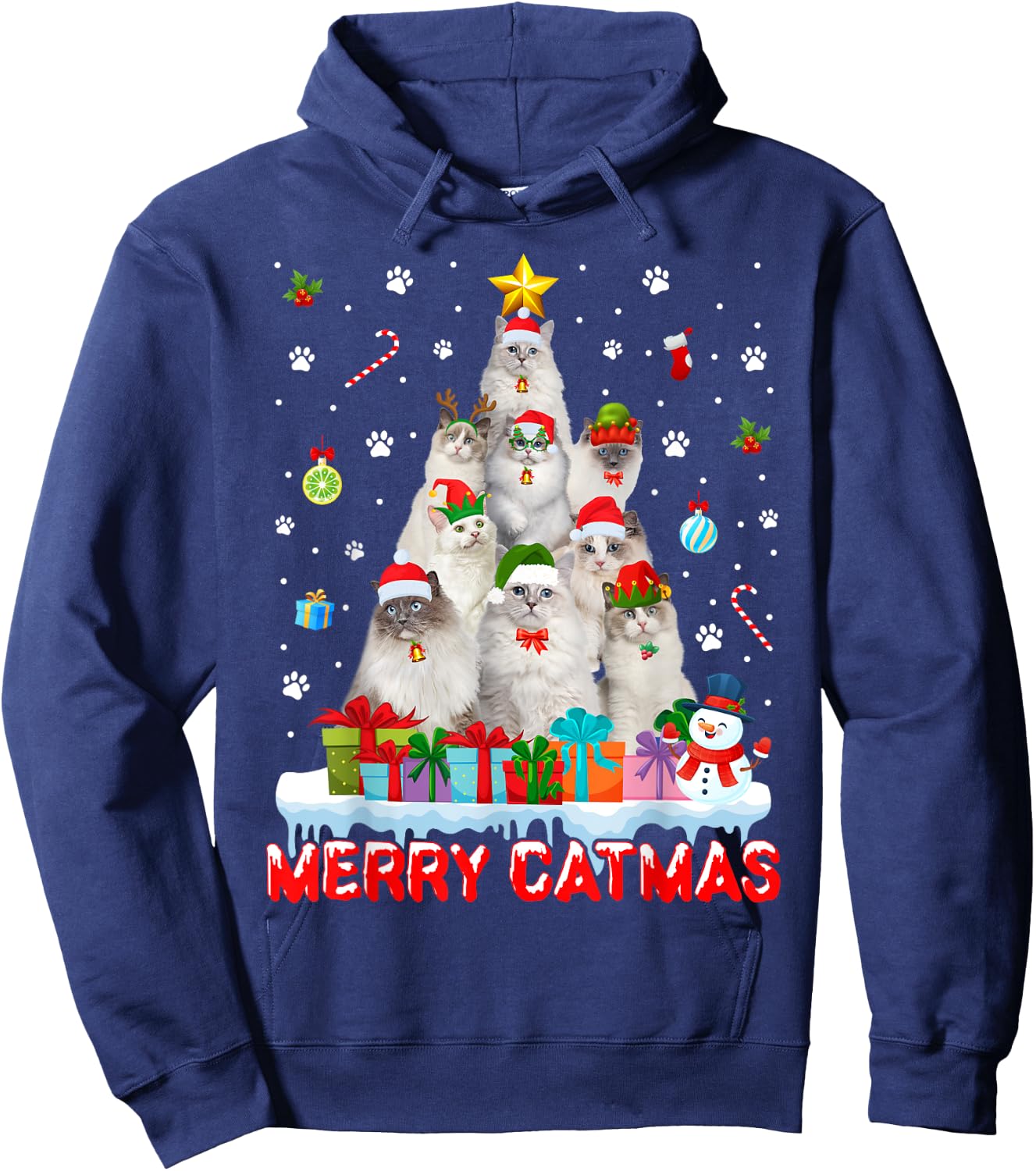 Funny Ragdoll Cat Lovers Cute Holiday Christmas Tree Hoodie - Hoodie | Navy