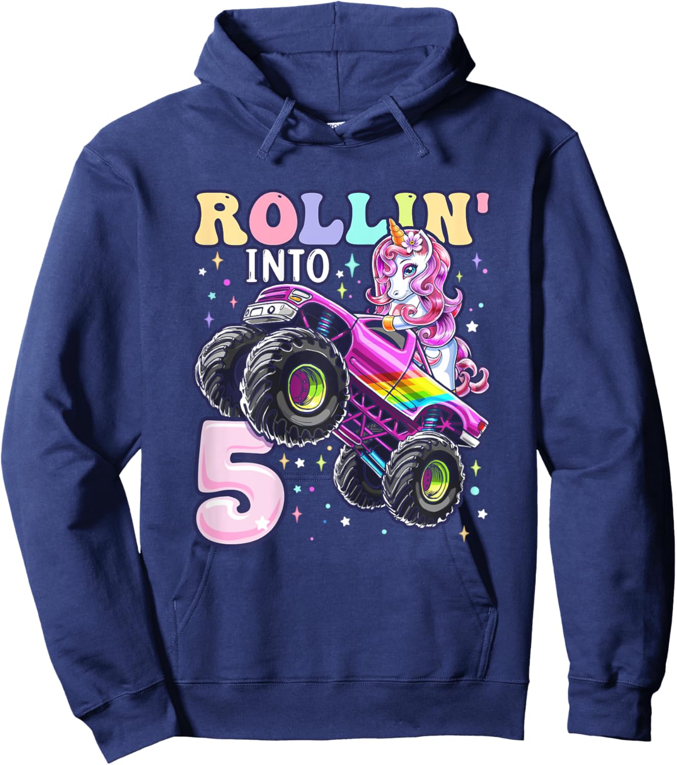 Unicorn Monster Truck 5th Birthday 5 Year Old Girls Party Hoodie - Hoodie | Navy