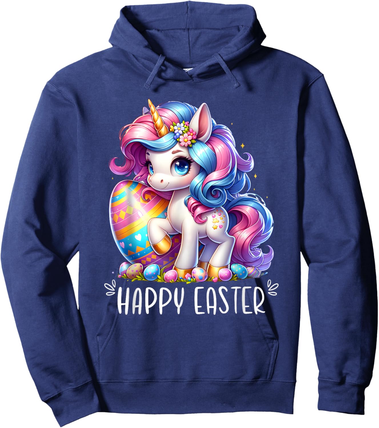 Unicorn Happy Easter Day Bunny Rainbow Egg Girls Kids Hoodie - Hoodie | Navy