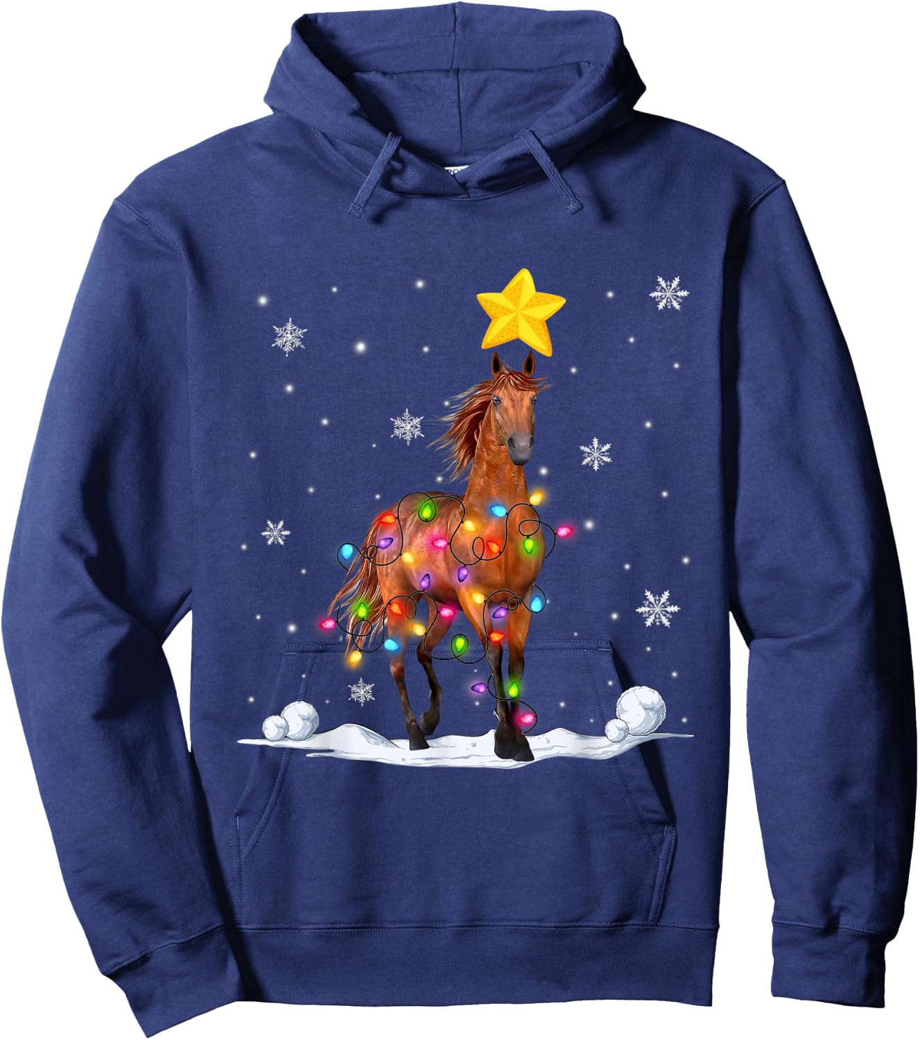 Funny Xmas Horse Animals Lover Christmas Tree Lights Hoodie - Hoodie | Navy