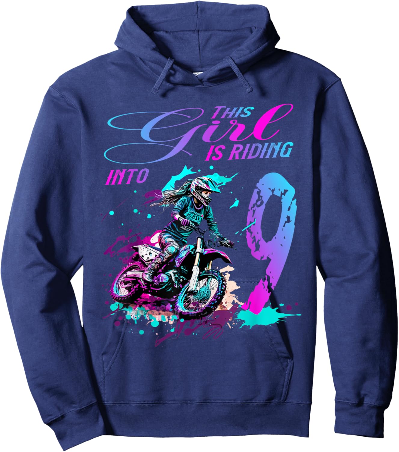Motocross Birthday - This Girl Is Riding into 9 - Dirt Bike Hoodie - Hoodie | Navy