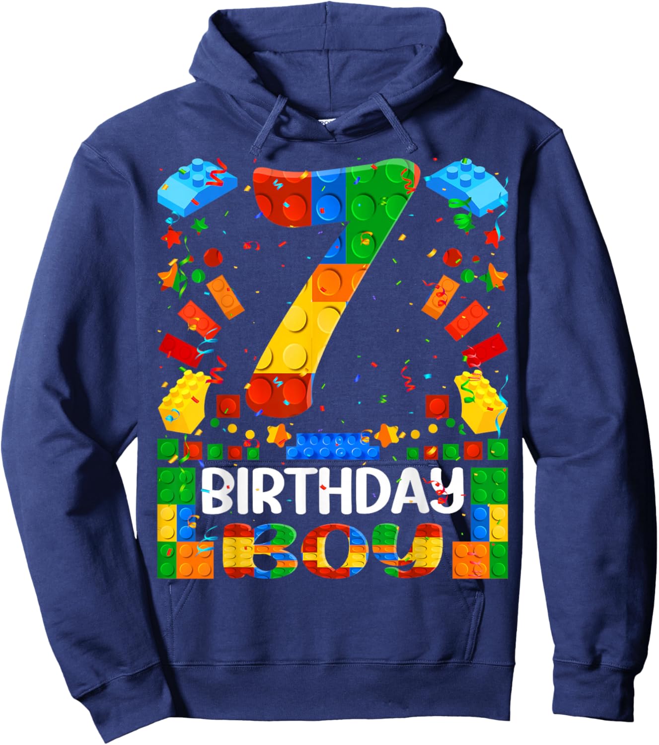 7 Year Old Building Blocks 7th Birthday Boy Brick Builder Hoodie - Hoodie | Navy