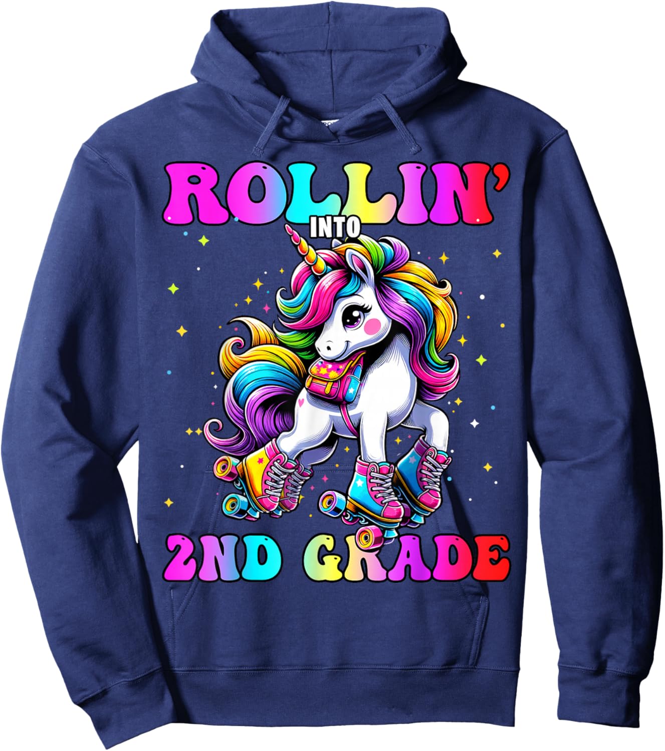 2nd Grade Back To School First Day Girl Rollin Unicorn Hoodie - Hoodie | Navy