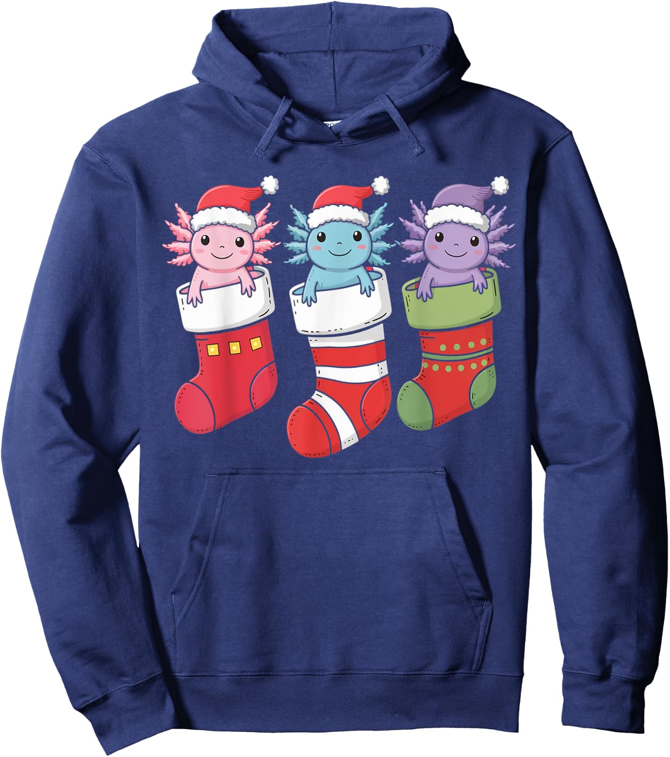 Axolotl Stocking Santa Hat Christmas Kawaii Holiday Xmas Hoodie - Hoodie | Navy