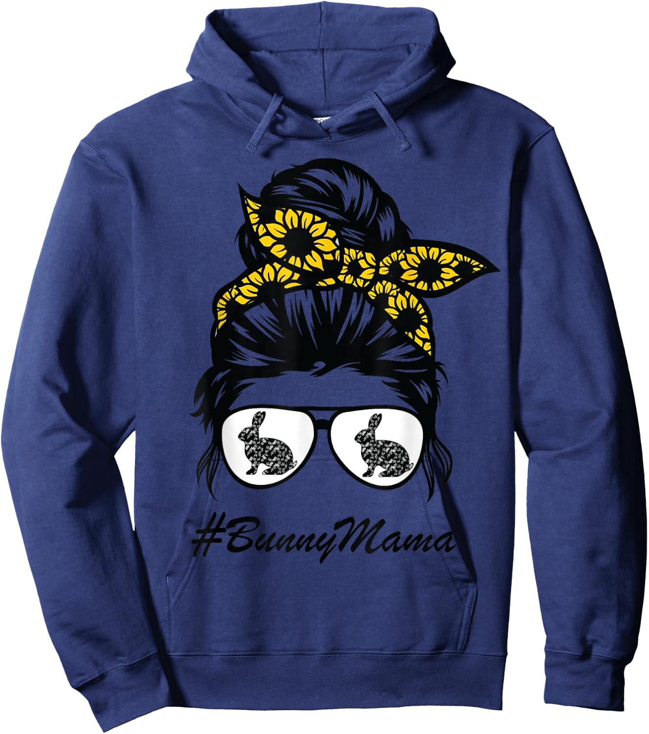 Bunny Mama messy bun sunflower, rabbit mom messy bun hair Hoodie - Hoodie | Navy