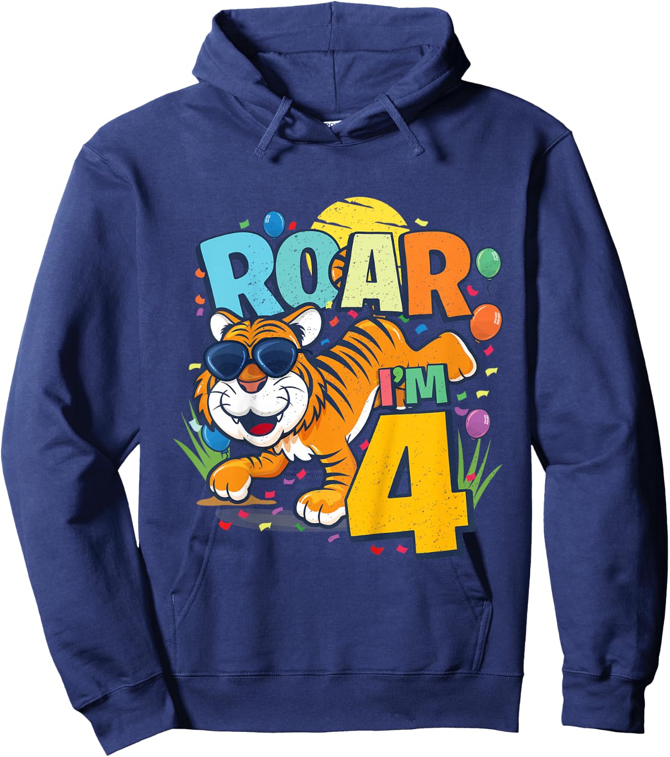 Kids 4th Birthday ROAR I'M 4 Year Old Boys Tiger Safari Gift Top Hoodie - Hoodie | Navy