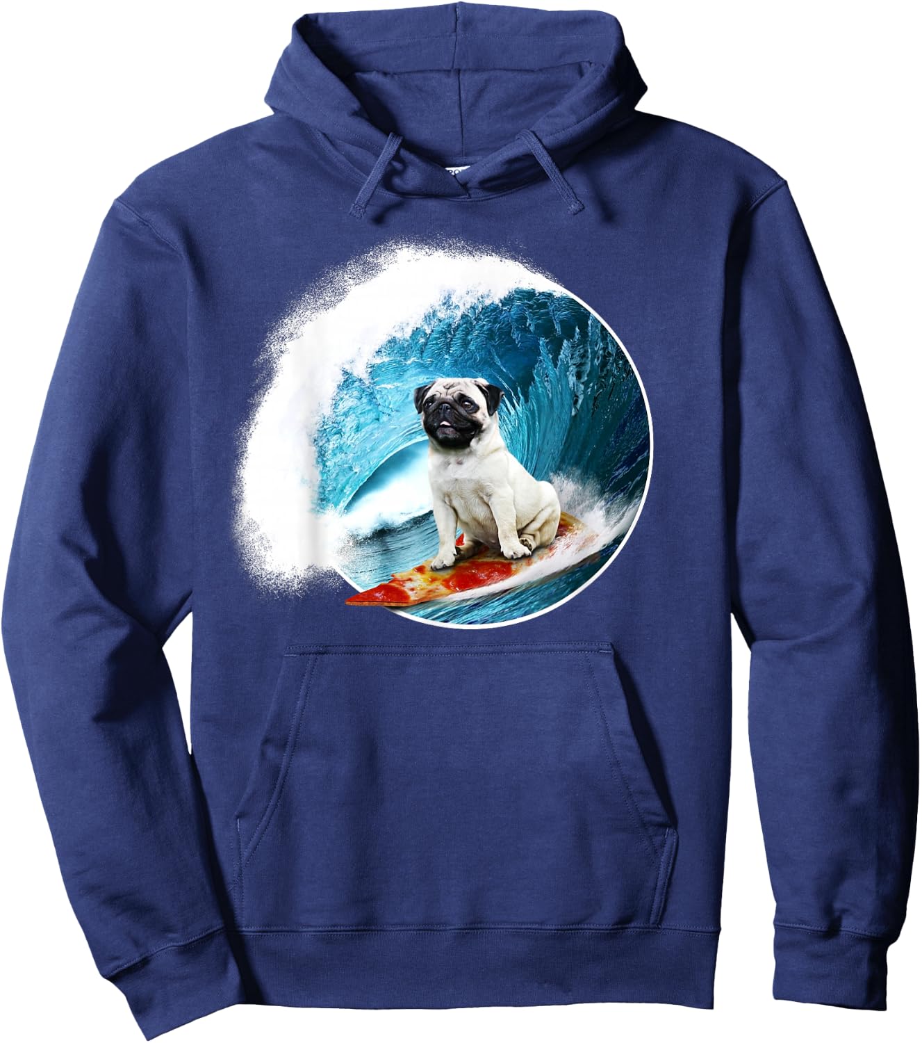 Funny Pug - Surfing Pug riding a ocean Wave on a Pizza Hoodie - Hoodie | Navy