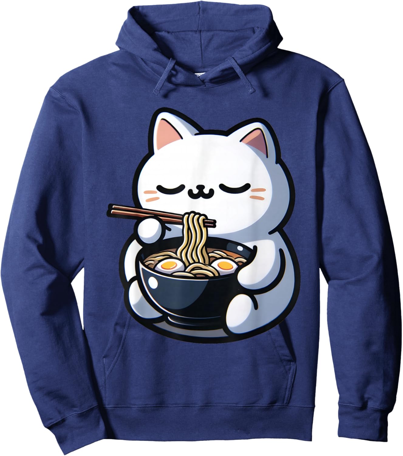 Cat Eating Ramen Noodles Kawaii Anime Japanese Cute Neko Hoodie - Hoodie | Navy