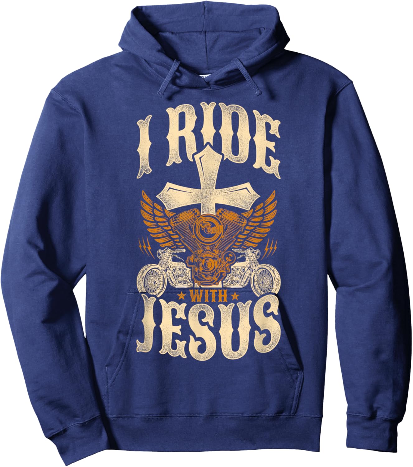 Classic Christian Motorcycle Biker I Ride With Jesus Hoodie - Hoodie | Navy