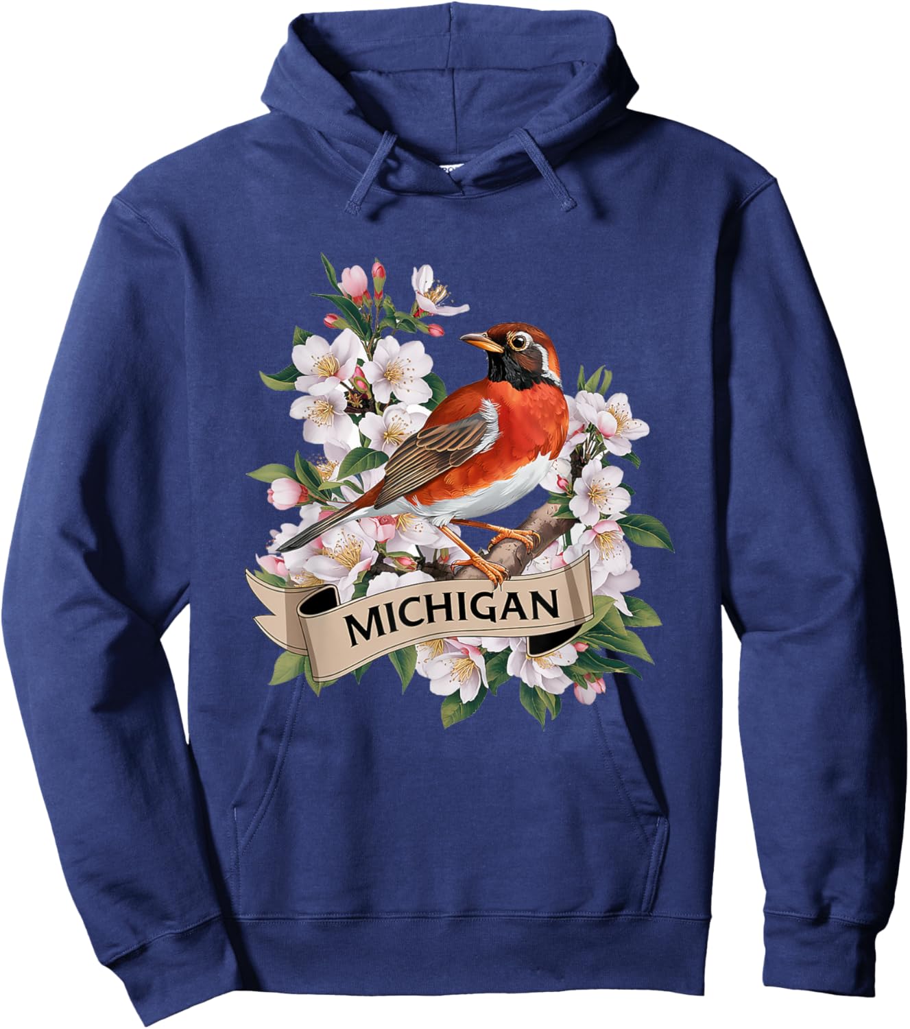 Michigan American Robin Bird and Apple Blossom Flower Hoodie - Hoodie | Navy