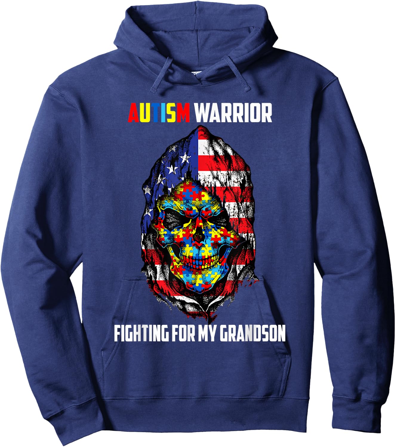 Autism Warrior Fighting For My Grandson Skull American Flag Women Men Hoodie - Hoodie | Navy