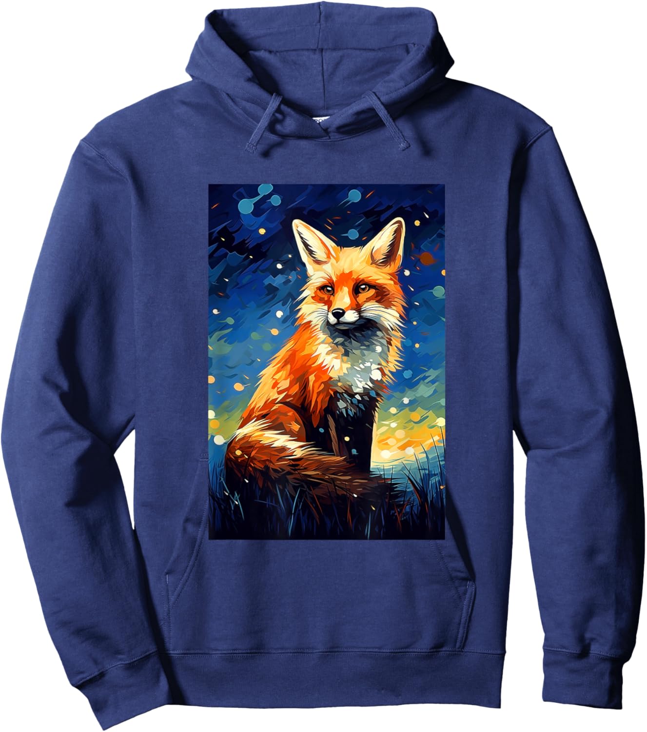 Cute Fox Van Gogh Style Starry Night Graphic Hoodie - Hoodie | Navy
