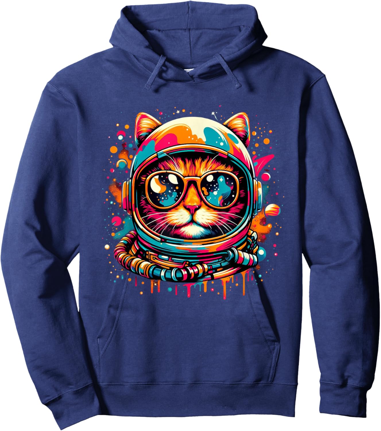 Space Cat Funny Cosmic Astronaut Cat Cute Retro Galaxy Cat Women Kids Hoodie - Hoodie | Navy