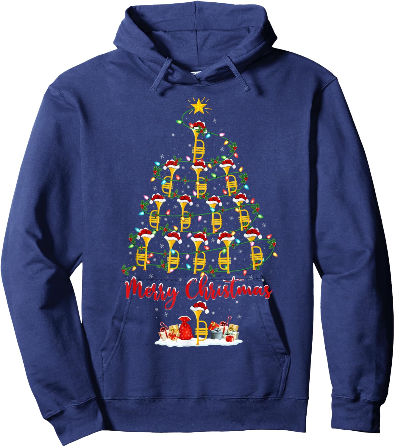 Trumpet Christmas Tree Lights Funny Trumpet Xmas Hoodie - Hoodie | Navy