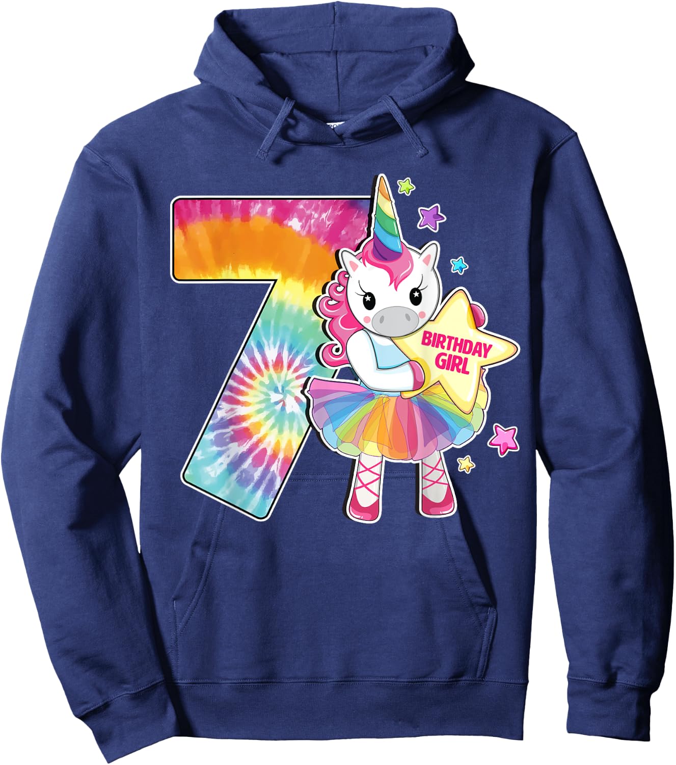 7th Birthday Unicorn Shirt Gift Girls Age 7 Tie Dye Hoodie - Hoodie | Navy