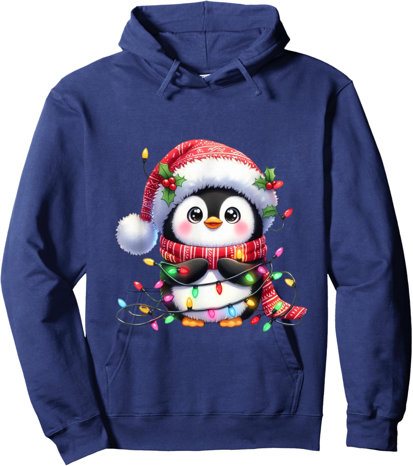 Penguin Christmas Lights Santa Hat Xmas Penguin Lover Hoodie - Hoodie | Navy