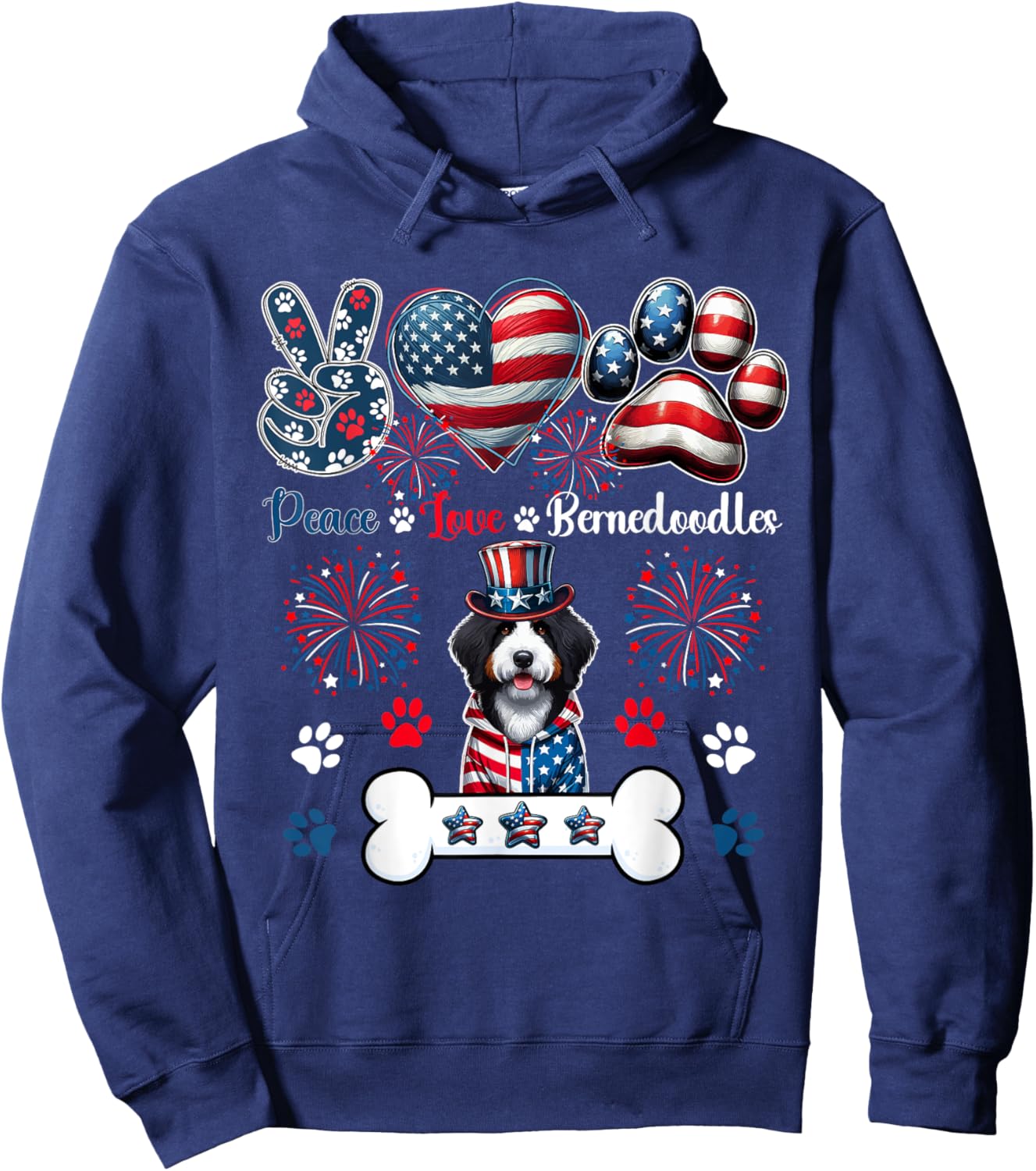 Peace Love Bernedoodles 4th Of July Owner Lover Patriotic Hoodie - Hoodie | Navy