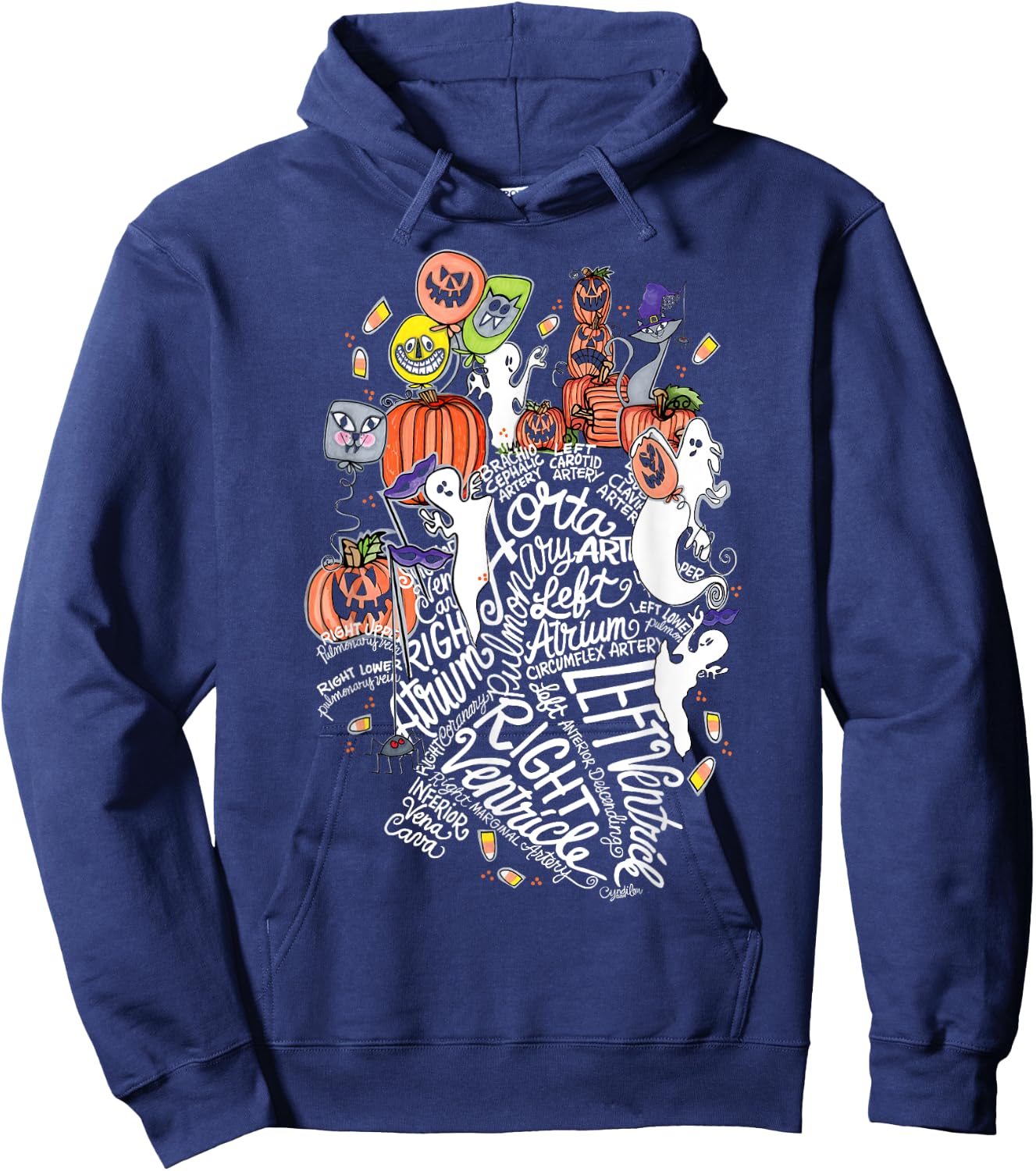 Anatomical Heart Halloween Medical White Word Cloud Line Art Hoodie - Hoodie | Navy