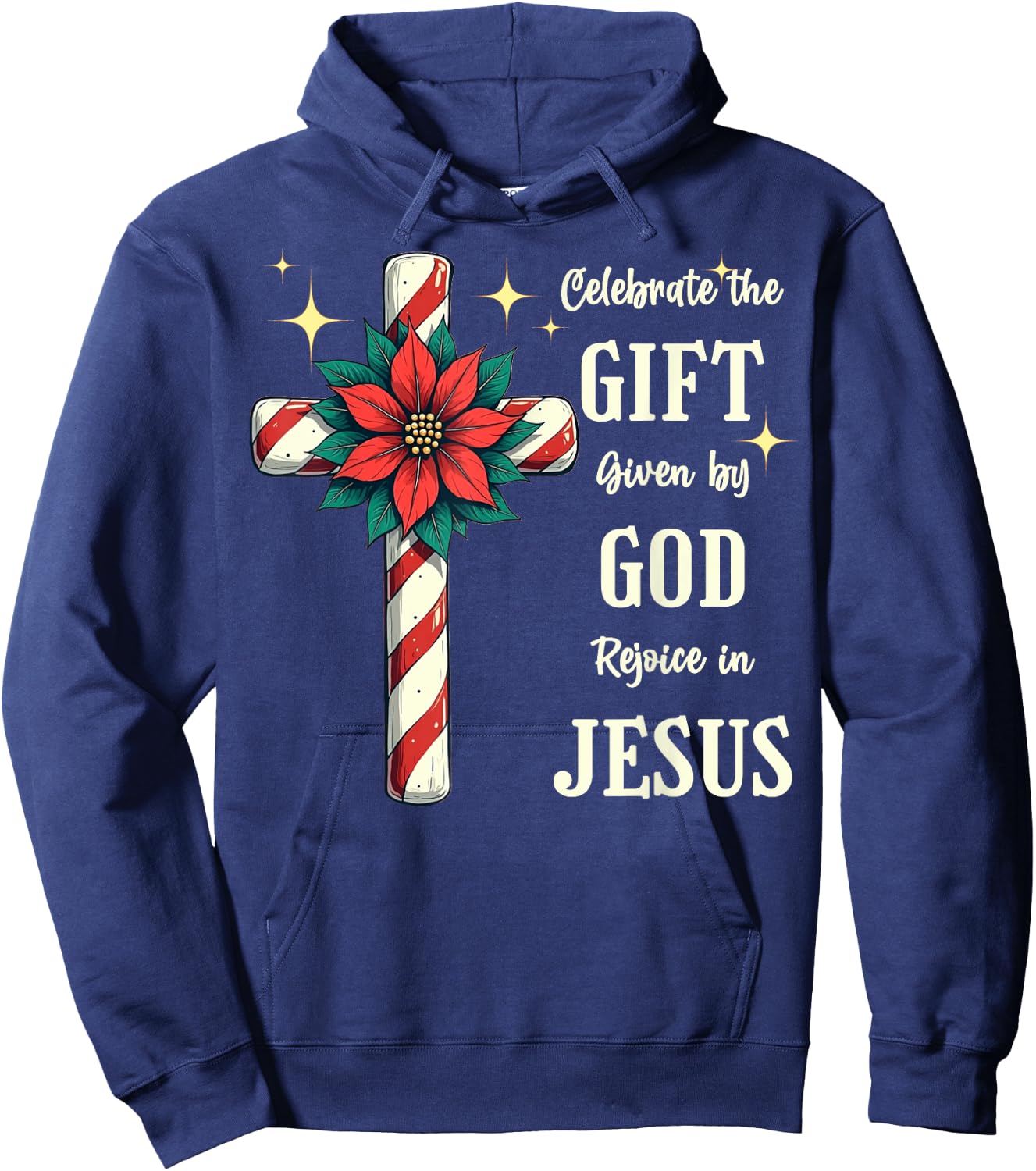 Celebrate Jesus Birth Christian Christmas Candy Cane Cross Hoodie - Hoodie | Navy