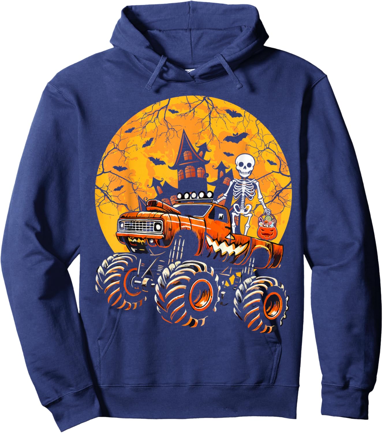 Halloween Skeleton Riding Monster Truck Pumpkin Boys Kids Hoodie - Hoodie | Navy