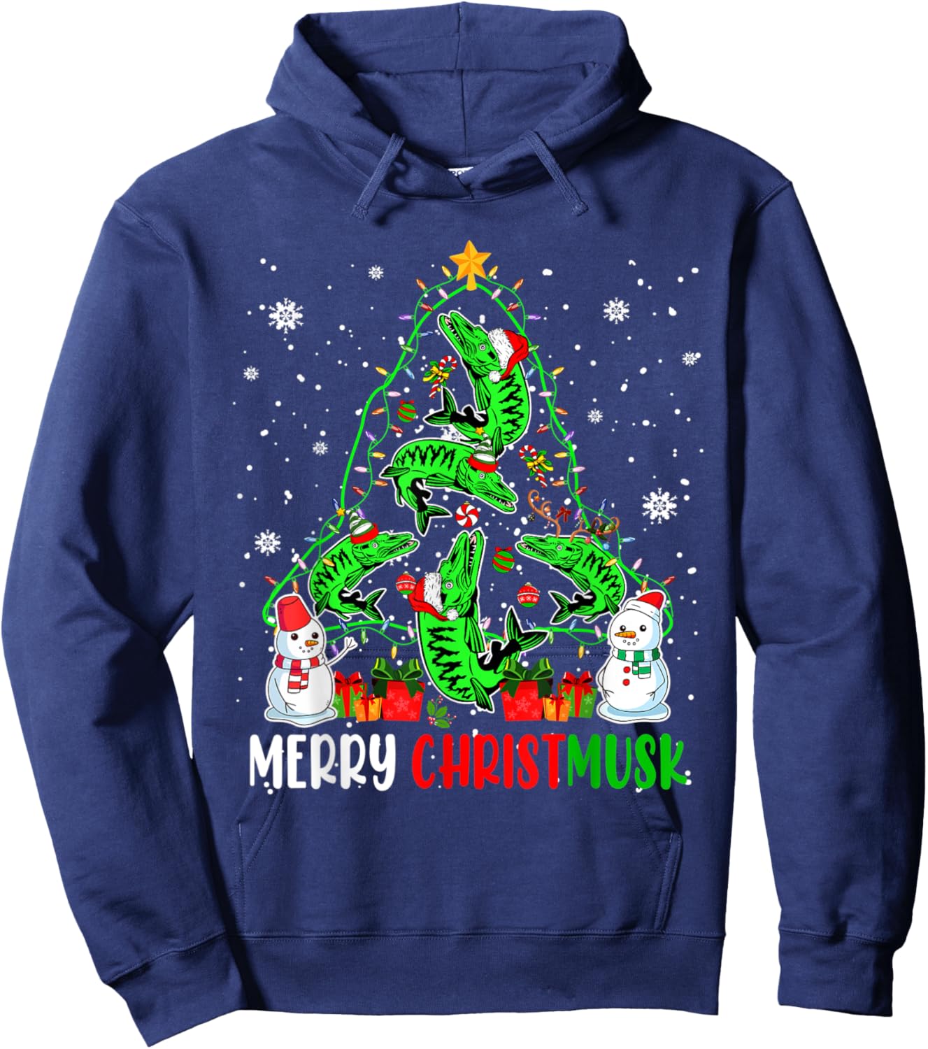 Merry Christmas Musky Funny Santa Musky Fishes As Xmas Tree Hoodie - Hoodie | Navy