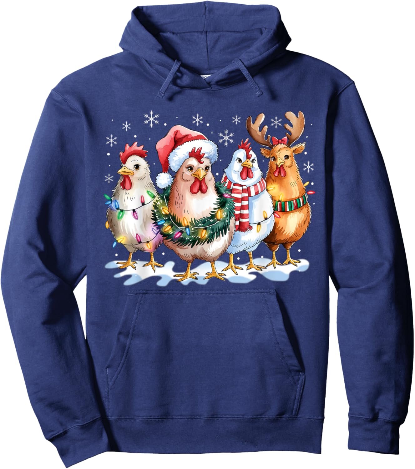 Funny Chicken Santa Hat Reindeer Christmas Lights Ornaments Hoodie - Hoodie | Navy