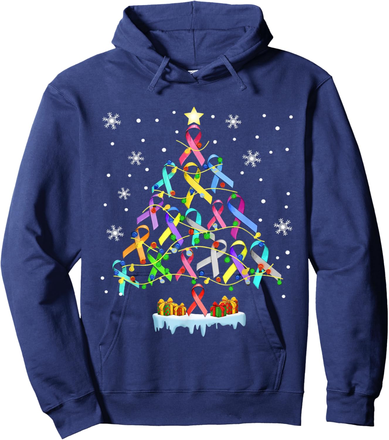 Hope Fight Cancer Christmas Tree Ribbon Christmas Awareness Hoodie - Hoodie | Navy