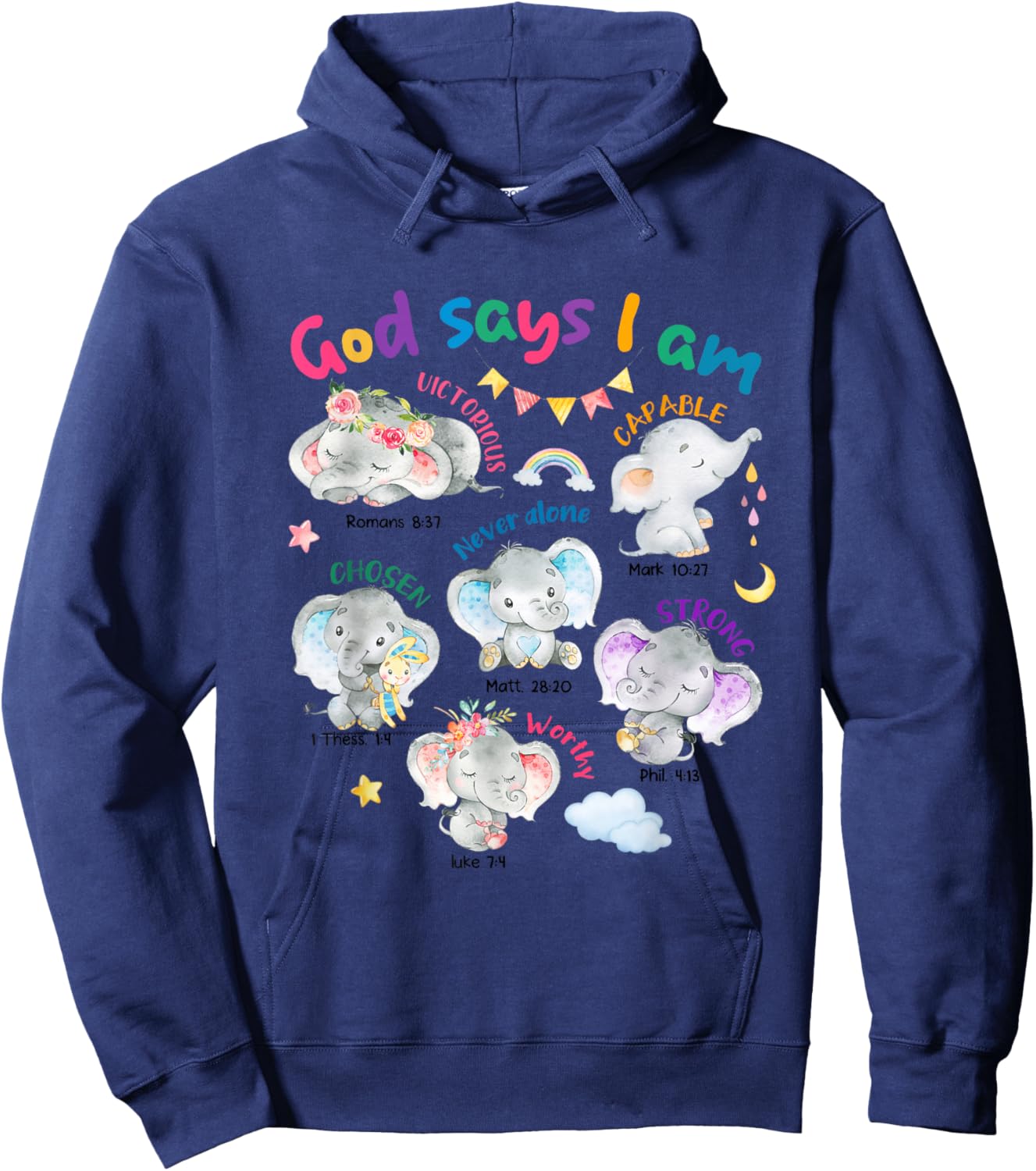 God Says I Am Cute Elephant Bible Verse Kids Toddler Girls Hoodie - Hoodie | Navy