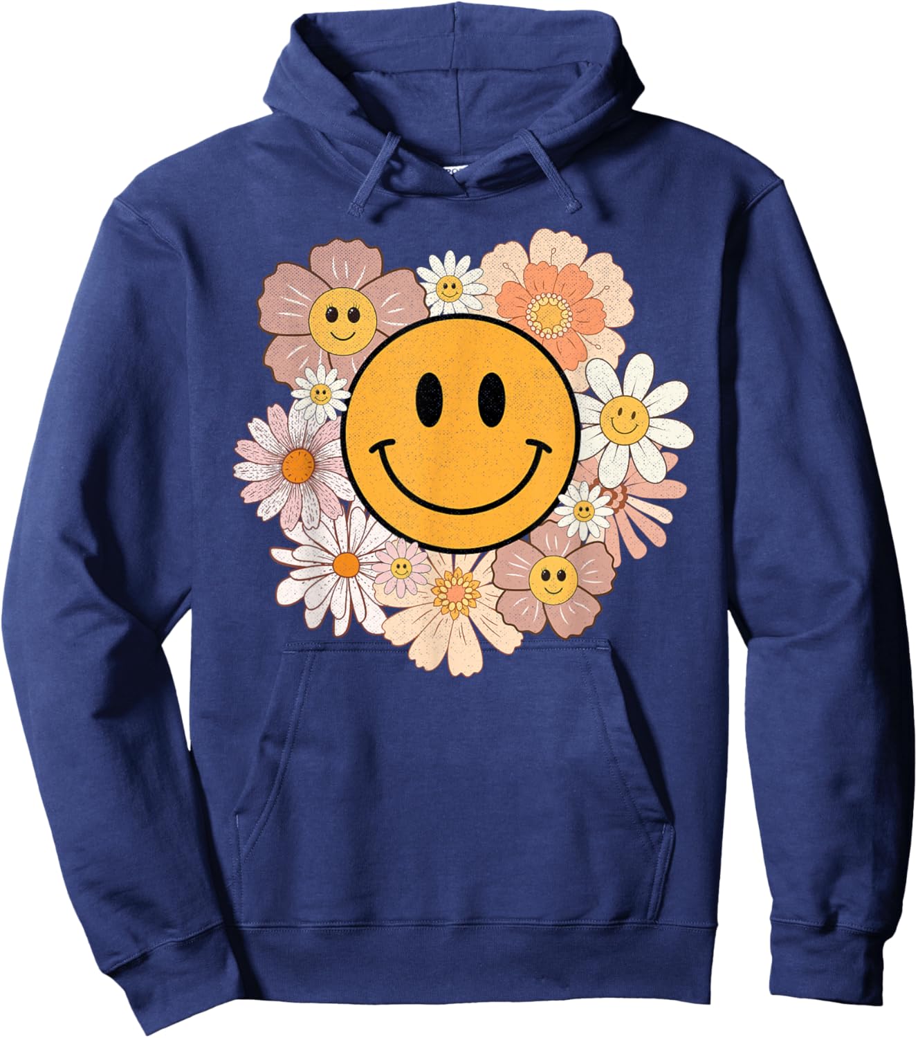 Retro Groovy Smile Happy Face Cute Hippie Flowers 70s Hoodie - Hoodie | Navy