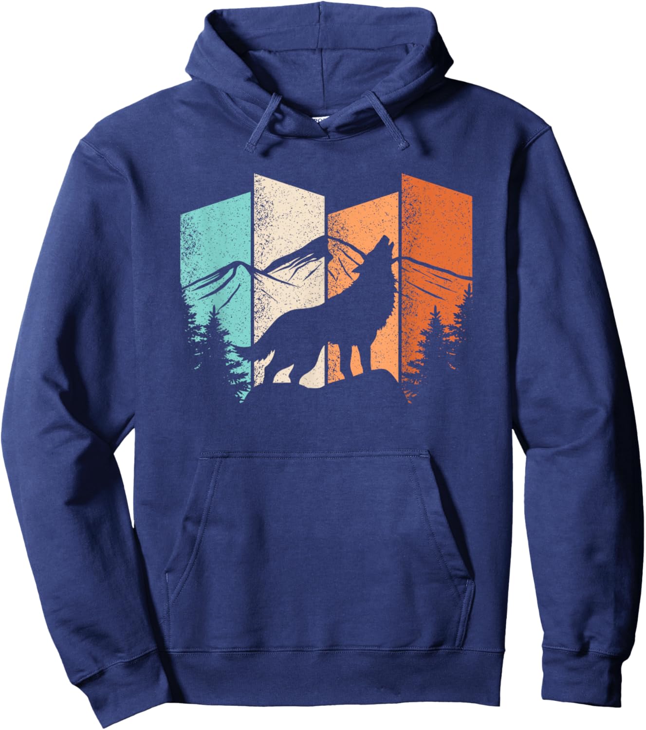 Retro Wolf Landscape Mountain Trees Wolf Lover Men Women Hoodie - Hoodie | Navy