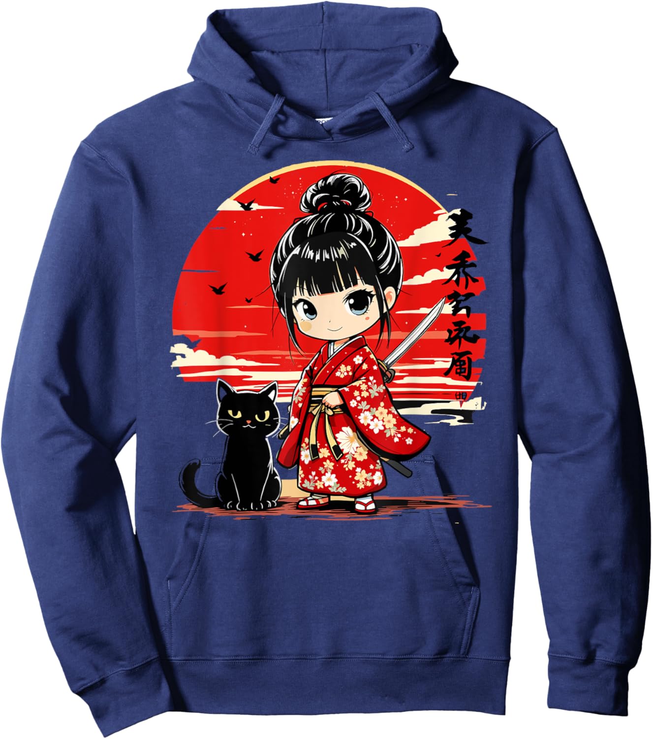 Cute Kawaii Samurai Girl and Cat Japanese Anime Kids Girls Hoodie - Hoodie | Navy