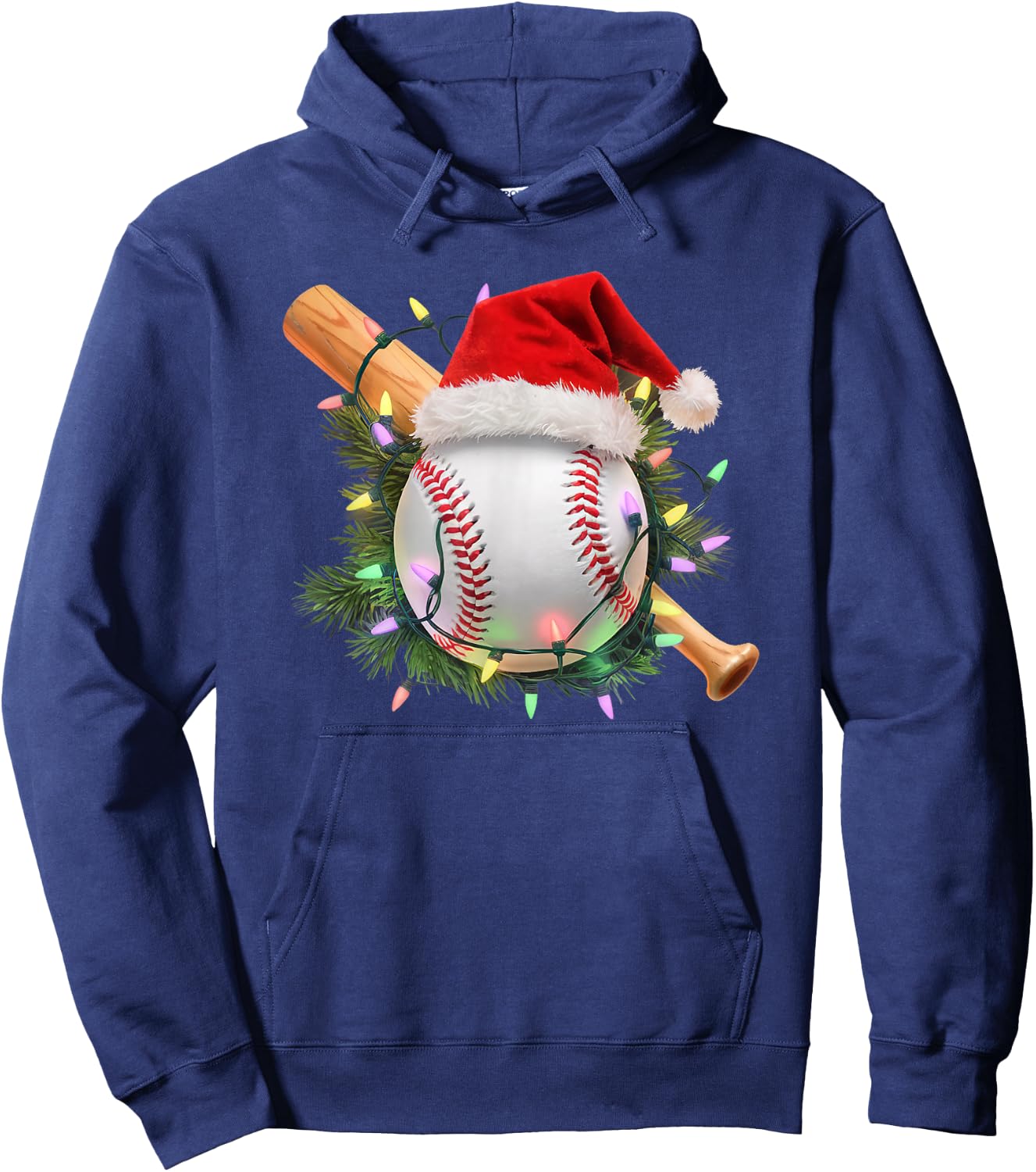 Christmas Baseball Santa Hat Holiday Lights Sports Fans Hoodie - Hoodie | Navy