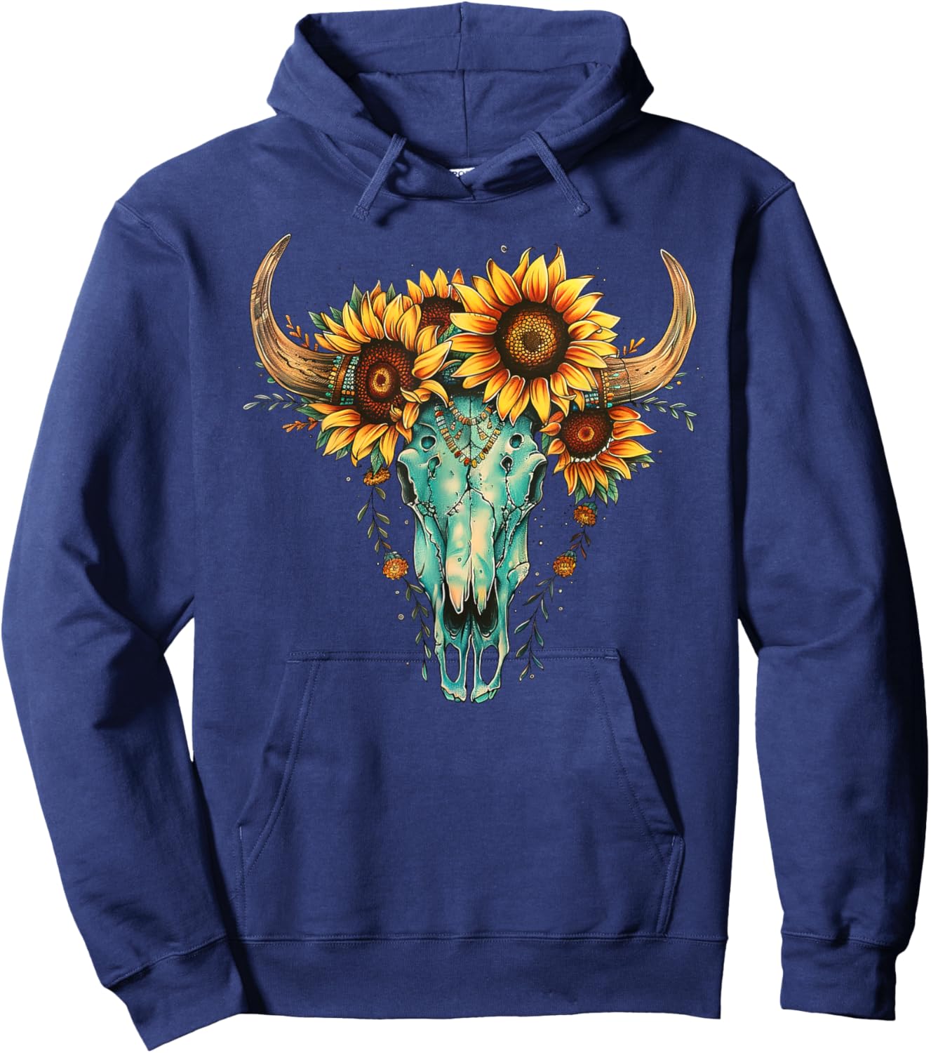 Vintage Boho Skull Western Sunflower Turquoise Bull Skull Hoodie - Hoodie | Navy